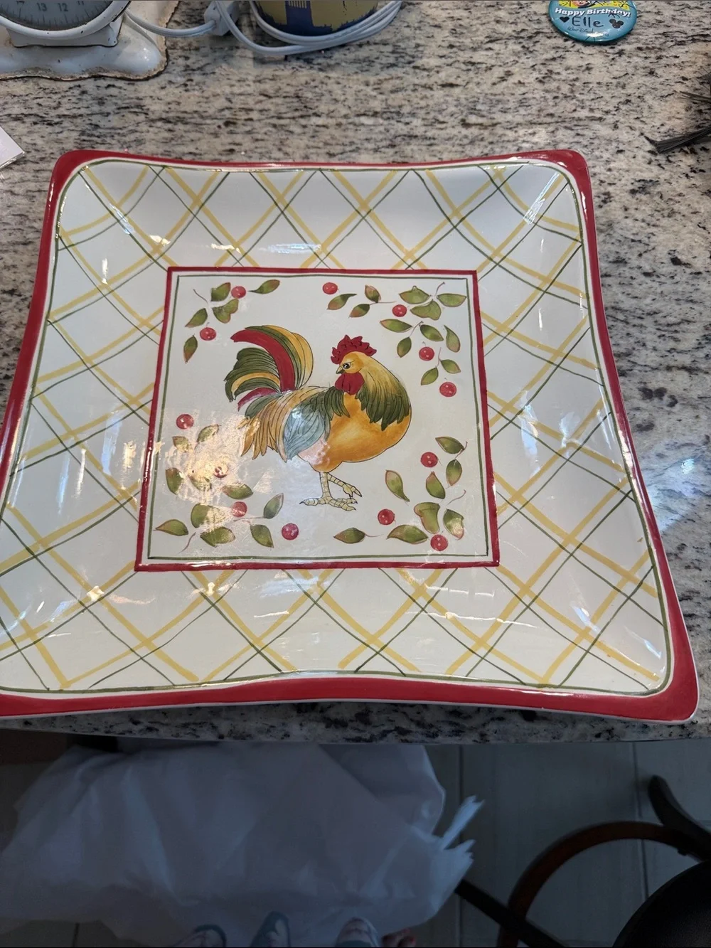 Royal Daulton 13” Rooster Square Serving Platter in Red, Yellow, Green